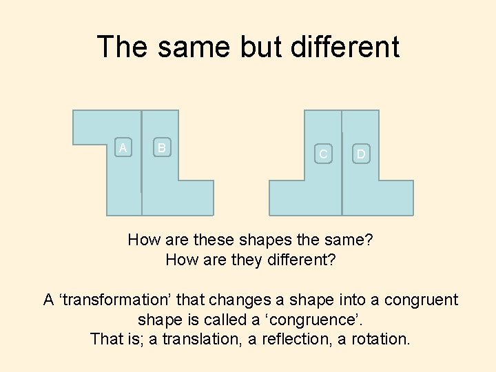 The same but different A B C D How are these shapes the same?