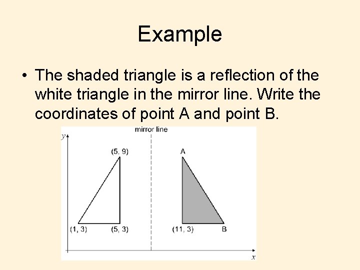 Example • The shaded triangle is a reflection of the white triangle in the