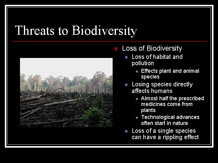Threats to Biodiversity n Loss of habitat and pollution n n Losing species directly Threats to Biodiversity n Loss of habitat and pollution n n Losing species directly