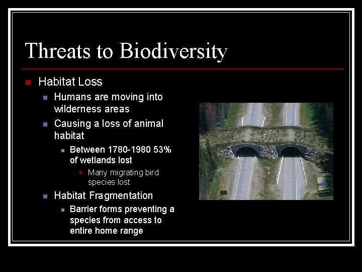 Threats to Biodiversity n Habitat Loss n n Humans are moving into wilderness areas Threats to Biodiversity n Habitat Loss n n Humans are moving into wilderness areas