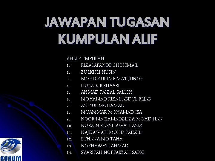 JAWAPAN TUGASAN KUMPULAN ALIF AHLI KUMPULAN: 1. RIZALAFANDE CHE ISMAIL 2. ZULKIFLI HUSIN 3.