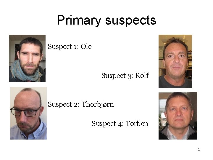 Primary suspects Suspect 1: Ole Suspect 3: Rolf Suspect 2: Thorbjørn Suspect 4: Torben