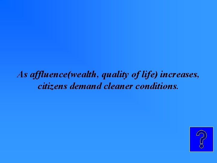 As affluence(wealth, quality of life) increases, citizens demand cleaner conditions. As affluence(wealth, quality of life) increases, citizens demand cleaner conditions.