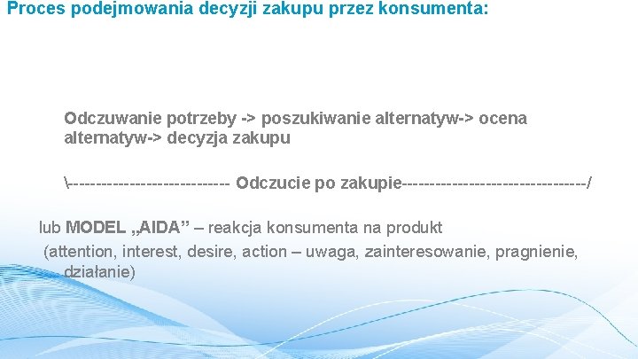 Proces podejmowania decyzji zakupu przez konsumenta: Odczuwanie potrzeby -> poszukiwanie alternatyw-> ocena alternatyw-> decyzja