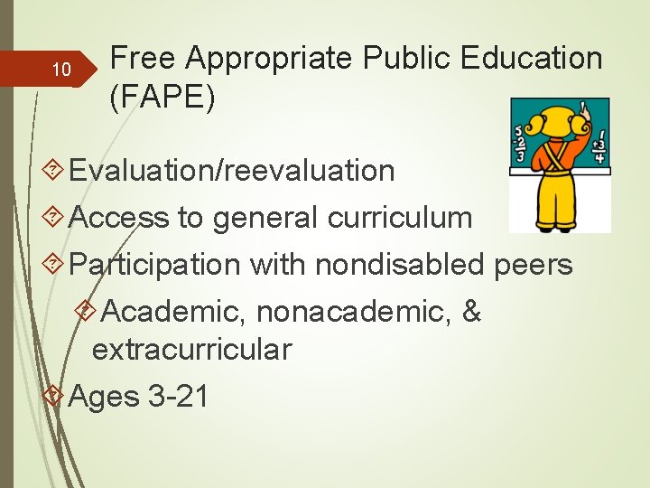 10 Free Appropriate Public Education (FAPE) Evaluation/reevaluation Access to general curriculum Participation with nondisabled