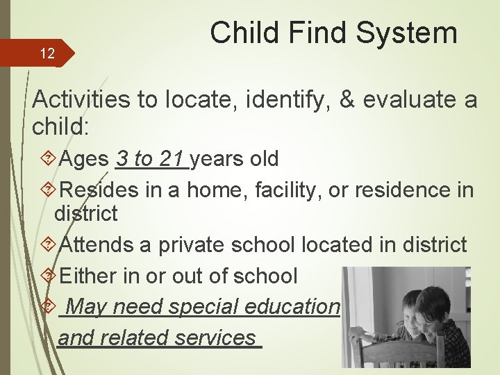 12 Child Find System Activities to locate, identify, & evaluate a child: Ages 3