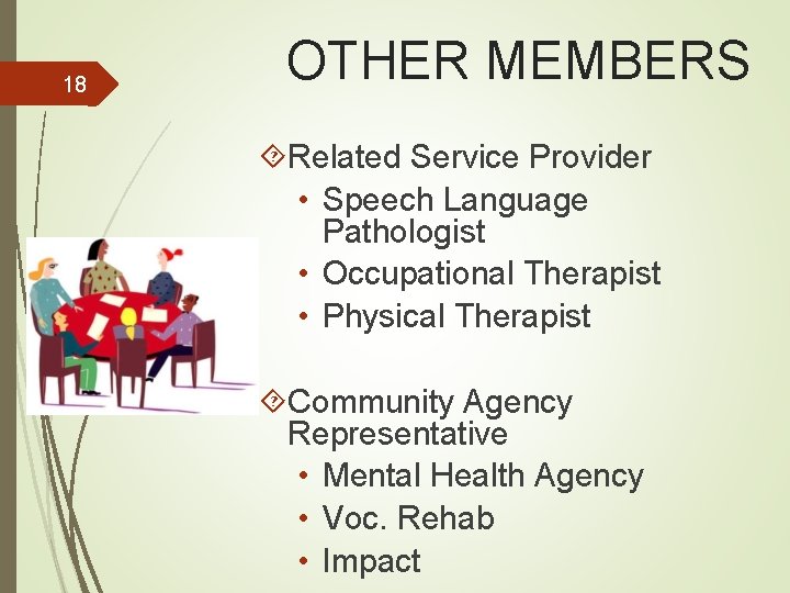 18 OTHER MEMBERS Related Service Provider • Speech Language Pathologist • Occupational Therapist •