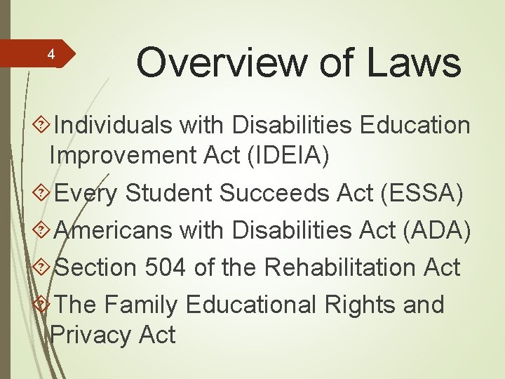 4 Overview of Laws Individuals with Disabilities Education Improvement Act (IDEIA) Every Student Succeeds