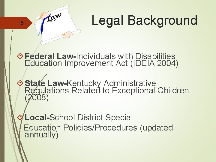 5 Legal Background Federal Law-Individuals with Disabilities Education Improvement Act (IDEIA 2004) State Law-Kentucky