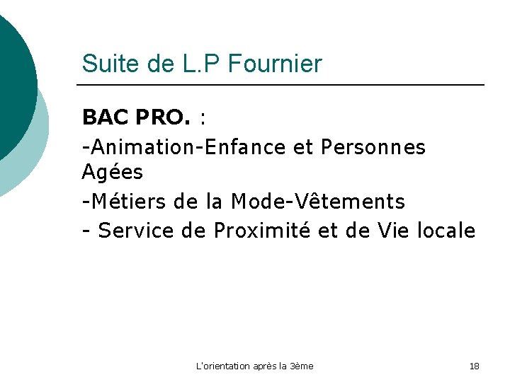 Suite de L. P Fournier BAC PRO. : -Animation-Enfance et Personnes Agées -Métiers de