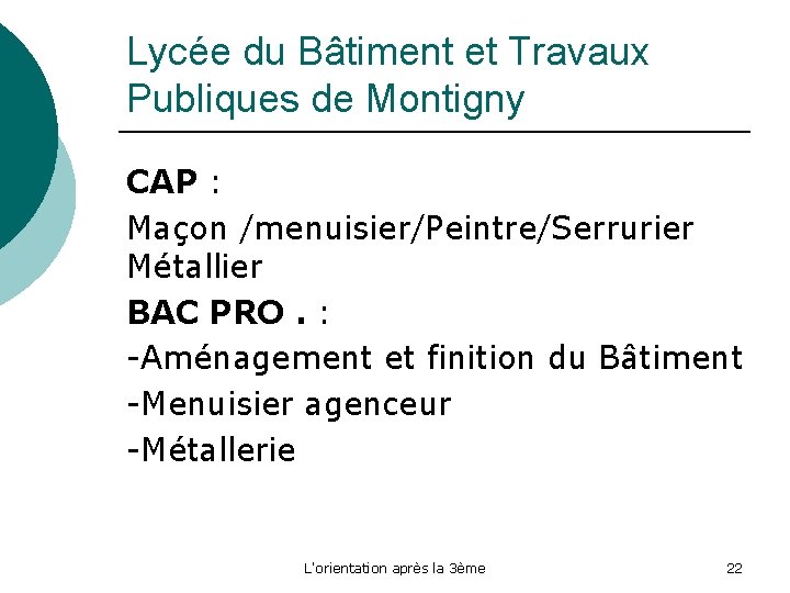 Lycée du Bâtiment et Travaux Publiques de Montigny CAP : Maçon /menuisier/Peintre/Serrurier Métallier BAC
