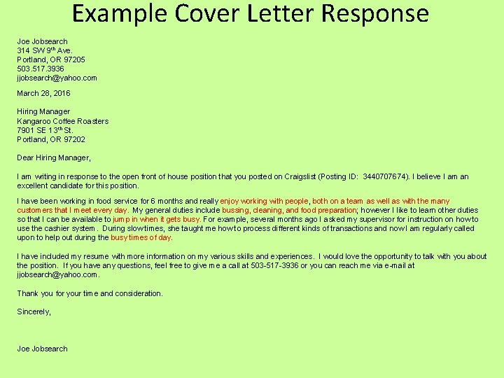 Example Cover Letter Response Jobsearch 314 SW 9 th Ave. Portland, OR 97205 503. Example Cover Letter Response Jobsearch 314 SW 9 th Ave. Portland, OR 97205 503.