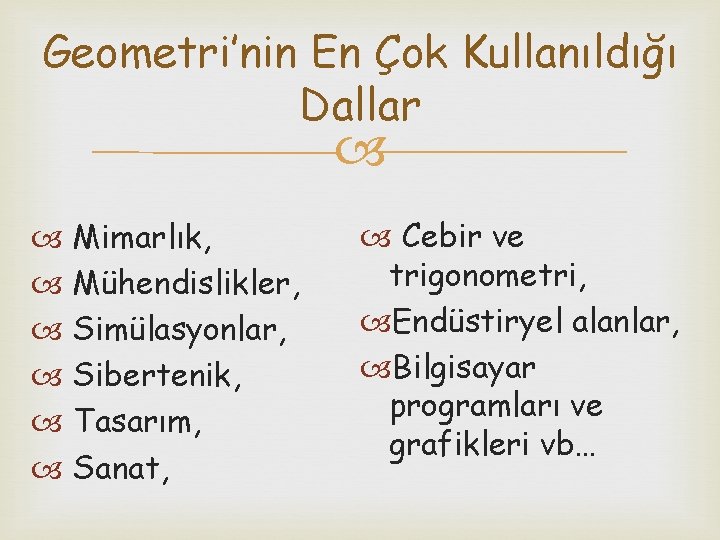 Geometri’nin En Çok Kullanıldığı Dallar Mimarlık, Mühendislikler, Simülasyonlar, Sibertenik, Tasarım, Sanat, Cebir ve trigonometri,