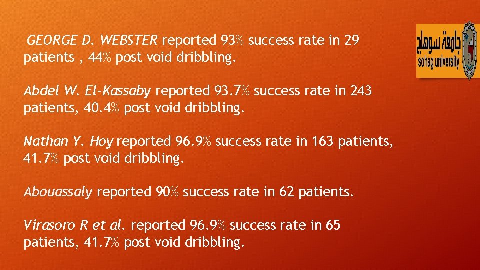 GEORGE D. WEBSTER reported 93% success rate in 29 patients , 44% post void