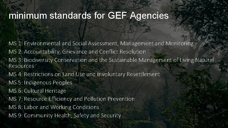 minimum standards for GEF Agencies MS 1: Environmental and Social Assessment, Management and Monitoring minimum standards for GEF Agencies MS 1: Environmental and Social Assessment, Management and Monitoring
