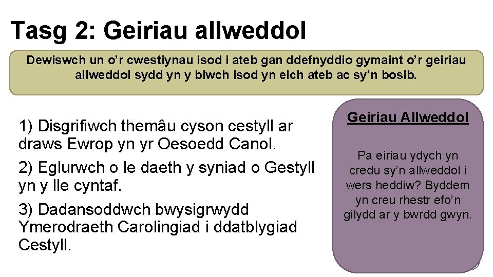 Tasg 2: Geiriau allweddol Dewiswch un o’r cwestiynau isod i ateb gan ddefnyddio gymaint