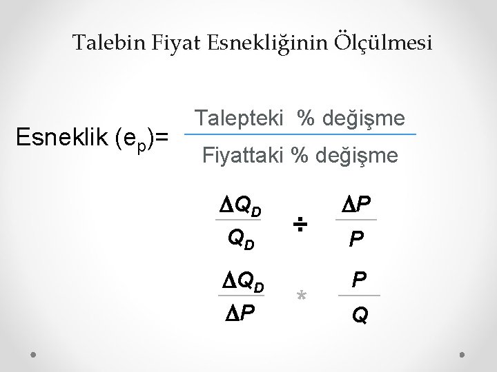 Talebin Fiyat Esnekliğinin Ölçülmesi Esneklik (ep)= Talepteki % değişme Fiyattaki % değişme DQD QD