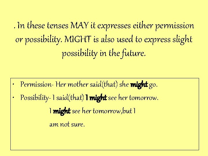 . In these tenses MAY it expresses either permission or possibility. MIGHT is also