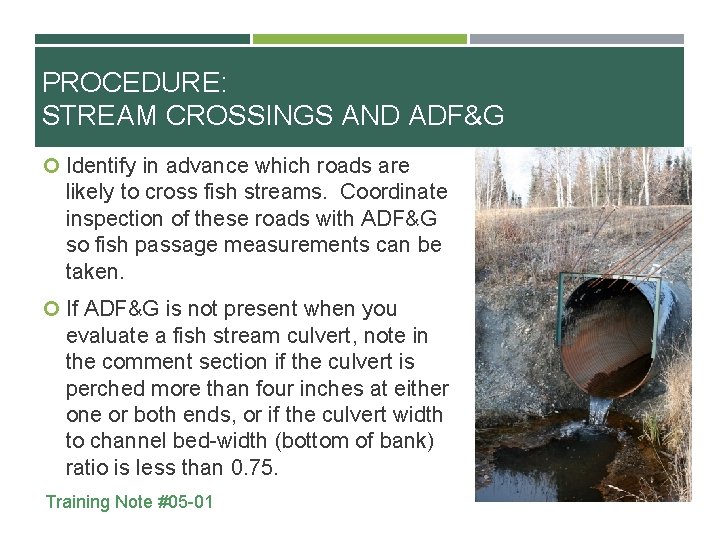 PROCEDURE: STREAM CROSSINGS AND ADF&G Identify in advance which roads are likely to cross