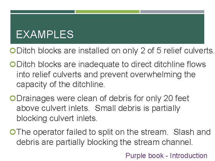 EXAMPLES Ditch blocks are installed on only 2 of 5 relief culverts. Ditch blocks