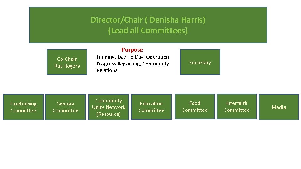 Director/Chair ( Denisha Harris) (Lead all Committees) Purpose Co-Chair Ray Rogers Fundraising Committee Seniors