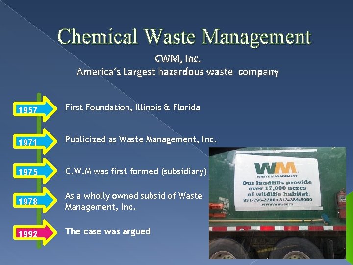 Chemical Waste Management CWM, Inc. America‘s Largest hazardous waste company 1957 First Foundation, Illinois