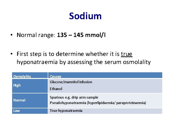 Sodium • Normal range: 135 – 145 mmol/l • First step is to determine