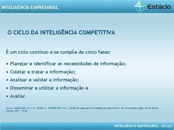 INTELIGÊNCIA EMPRESARIAL O CICLO DA INTELIGÊNCIA COMPETITIVA É um ciclo contínuo e se compõe