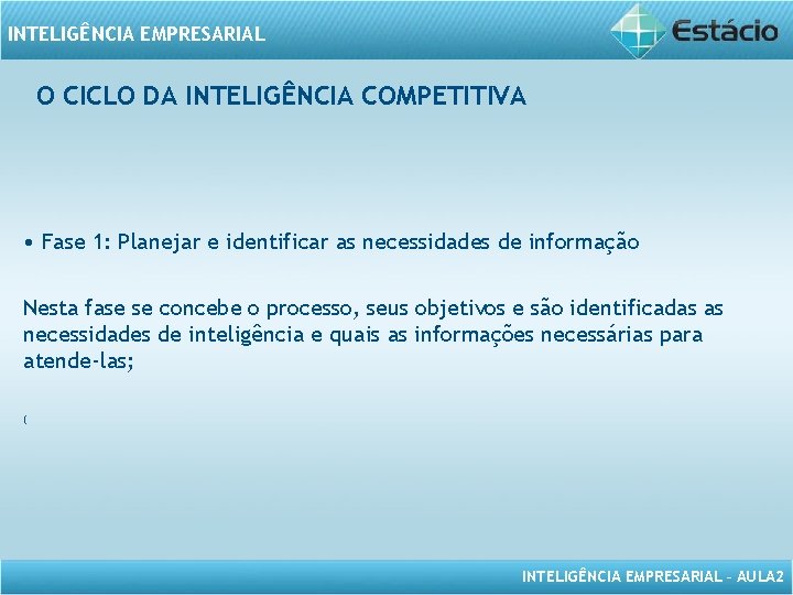 INTELIGÊNCIA EMPRESARIAL O CICLO DA INTELIGÊNCIA COMPETITIVA • Fase 1: Planejar e identificar as