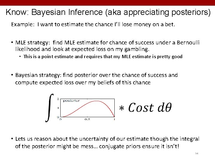 Know: Bayesian Inference (aka appreciating posteriors) Example: I want to estimate the chance I’ll