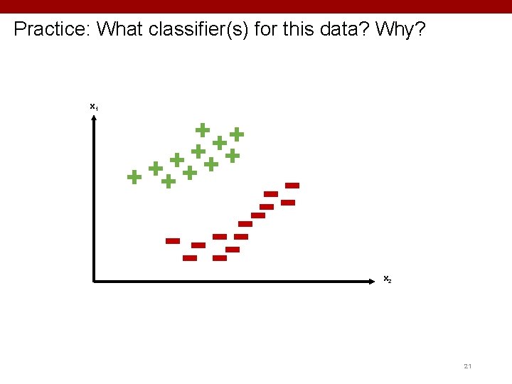 Practice: What classifier(s) for this data? Why? x 1 x 2 21 