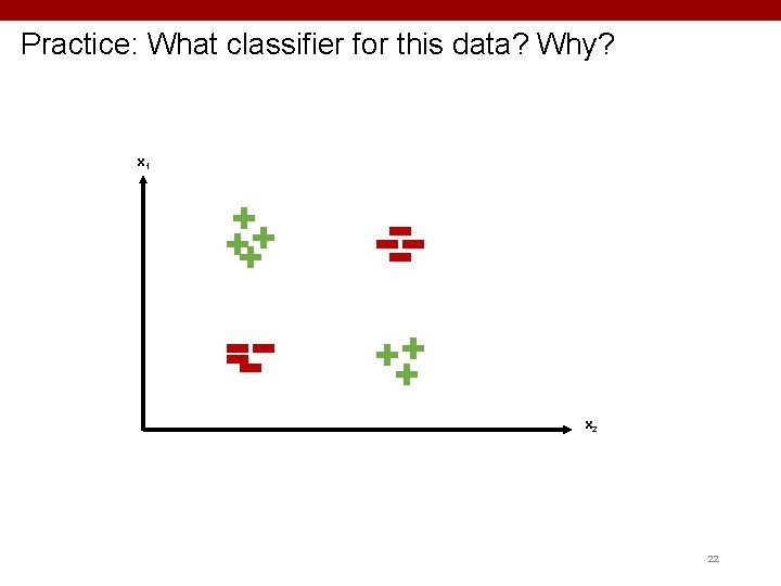 Practice: What classifier for this data? Why? x 1 x 2 22 