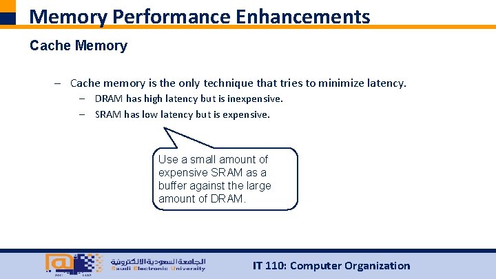 Memory Performance Enhancements Cache Memory – Cache memory is the only technique that tries