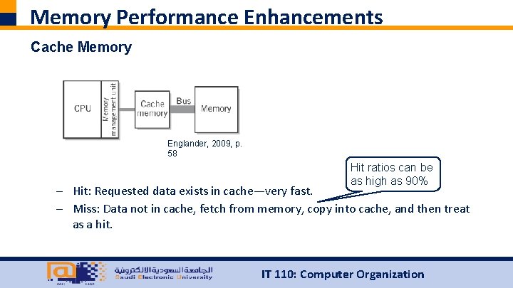 Memory Performance Enhancements Cache Memory Englander, 2009, p. 58 Hit ratios can be as