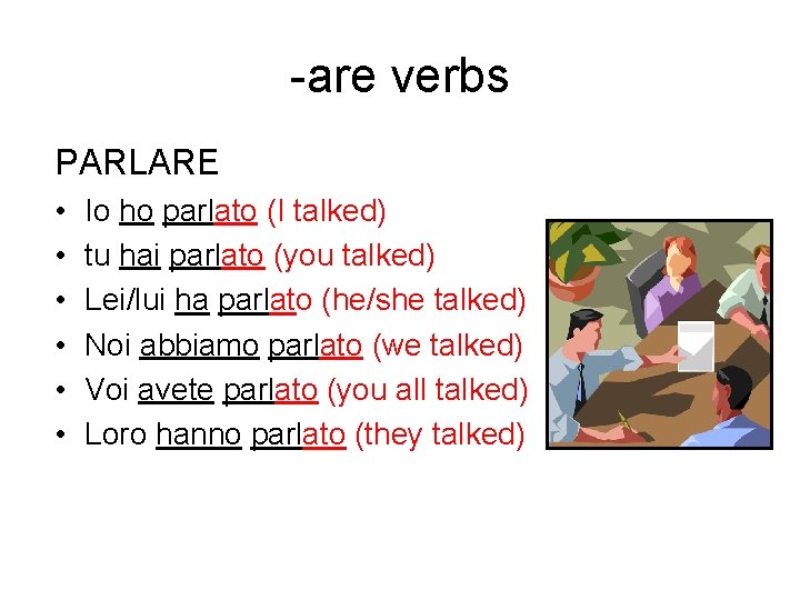 -are verbs PARLARE • • • Io ho parlato (I talked) tu hai parlato
