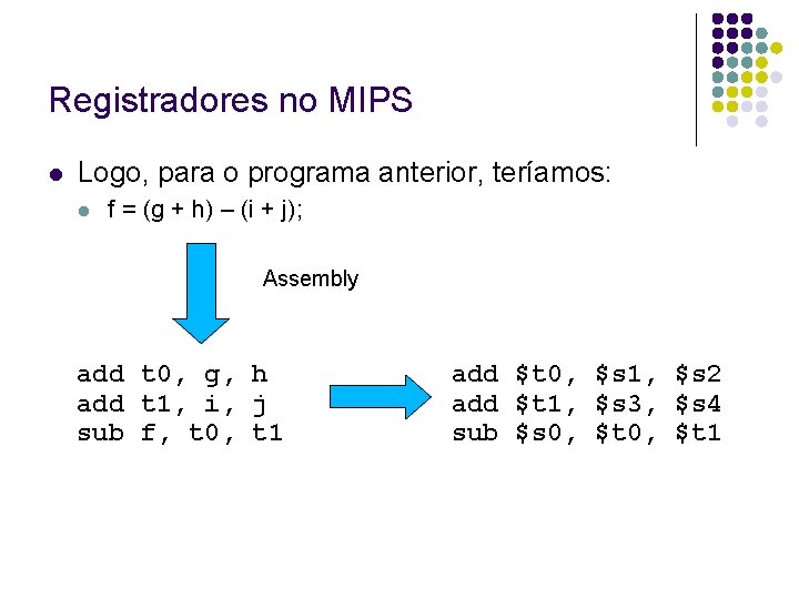 Registradores no MIPS Logo, para o programa anterior, teríamos: f = (g + h) Registradores no MIPS Logo, para o programa anterior, teríamos: f = (g + h)