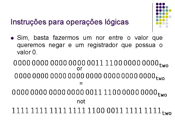 Instruções para operações lógicas Sim, basta fazermos um nor entre o valor queremos negar Instruções para operações lógicas Sim, basta fazermos um nor entre o valor queremos negar