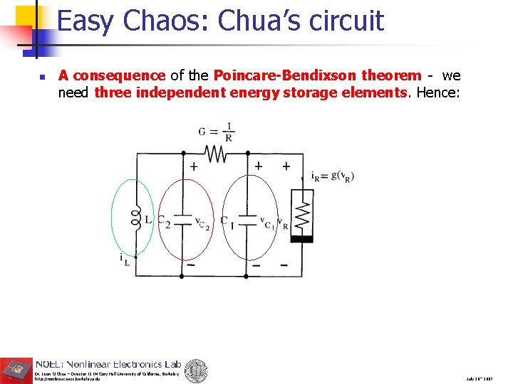 Easy Chaos: Chua’s circuit n A consequence of the Poincare-Bendixson theorem - we need