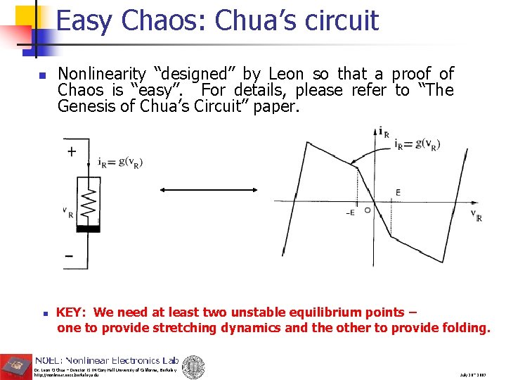Easy Chaos: Chua’s circuit n n Nonlinearity “designed” by Leon so that a proof