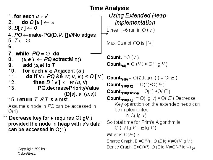 Time Analysis Using Extended Heap implementation 1. for each u V 2. do D