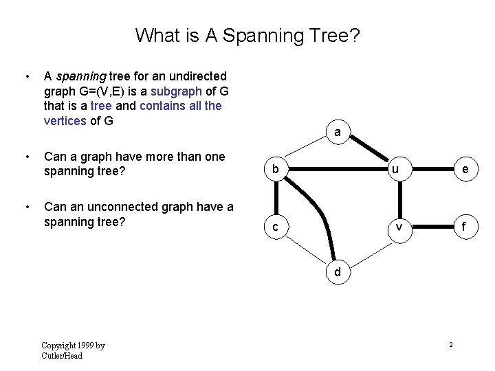 What is A Spanning Tree? • A spanning tree for an undirected graph G=(V,