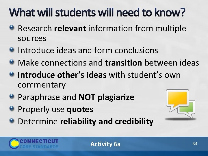 What will students will need to know? Research relevant information from multiple sources Introduce