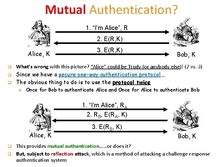 Mutual Authentication? 1. “I’m Alice”, R 2. E(R, K) Alice, K q q q