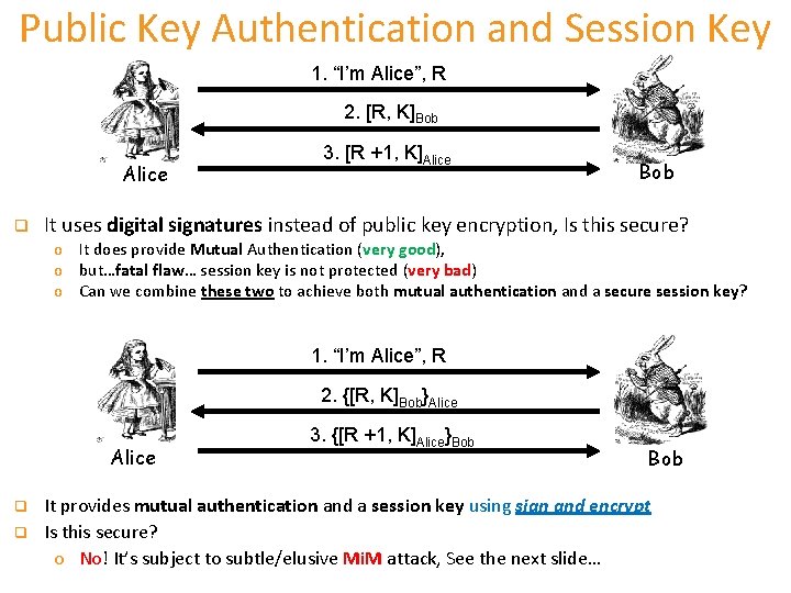 Public Key Authentication and Session Key 1. “I’m Alice”, R 2. [R, K]Bob Alice