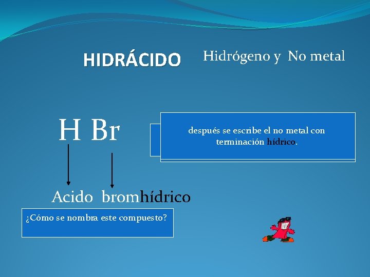 HIDRÁCIDO H Br Hidrógeno y No metal después se escribe el no metal con