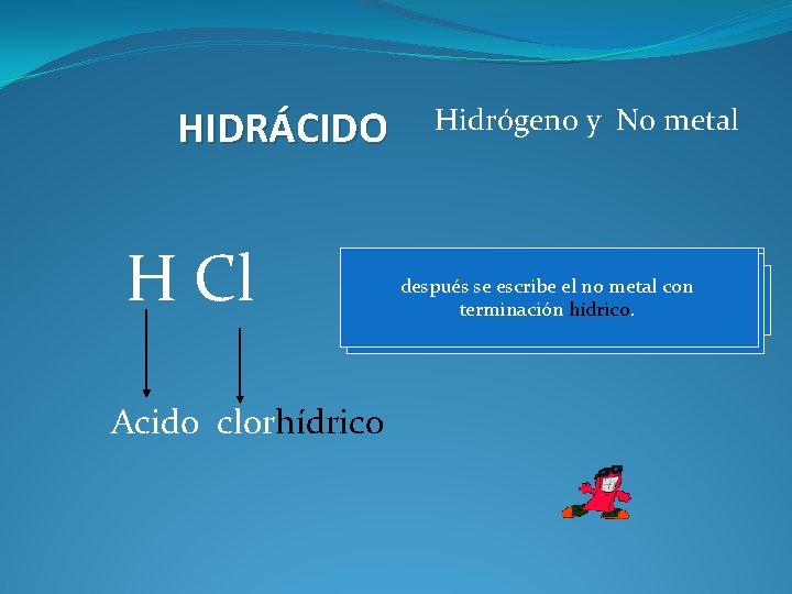 HIDRÁCIDO H Cl Hidrógeno y No metal después se escribe el no metal con
