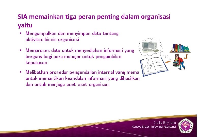 SIA memainkan tiga peran penting dalam organisasi yaitu • Mengumpulkan dan menyimpan data tentang