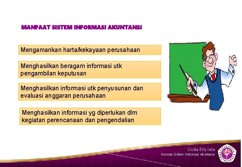 MANFAAT SISTEM INFORMASI AKUNTANSI Mengamankan harta/kekayaan perusahaan Menghasilkan beragam informasi utk pengambilan keputusan Menghasilkan