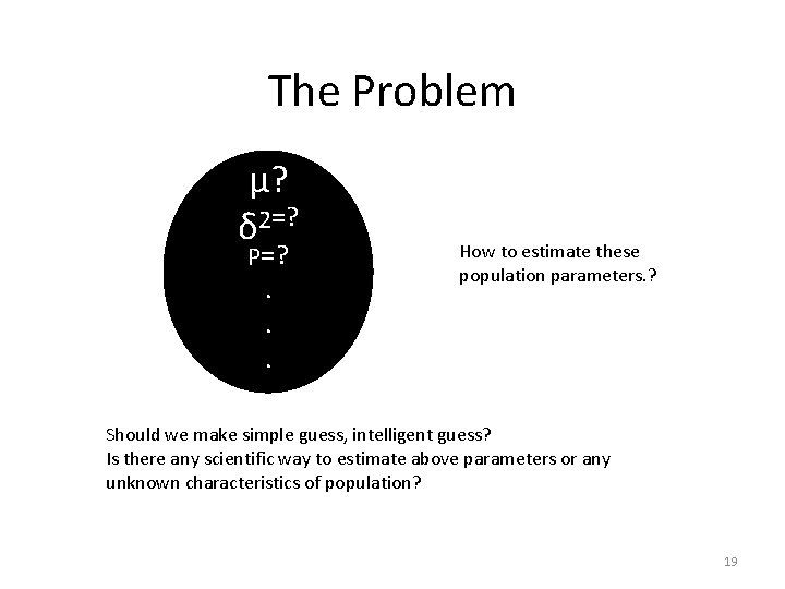 The Problem µ? δ 2=? P=? . . . How to estimate these population