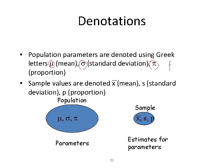 Denotations • Population parameters are denoted using Greek letters (mean), (standard deviation), (proportion) •